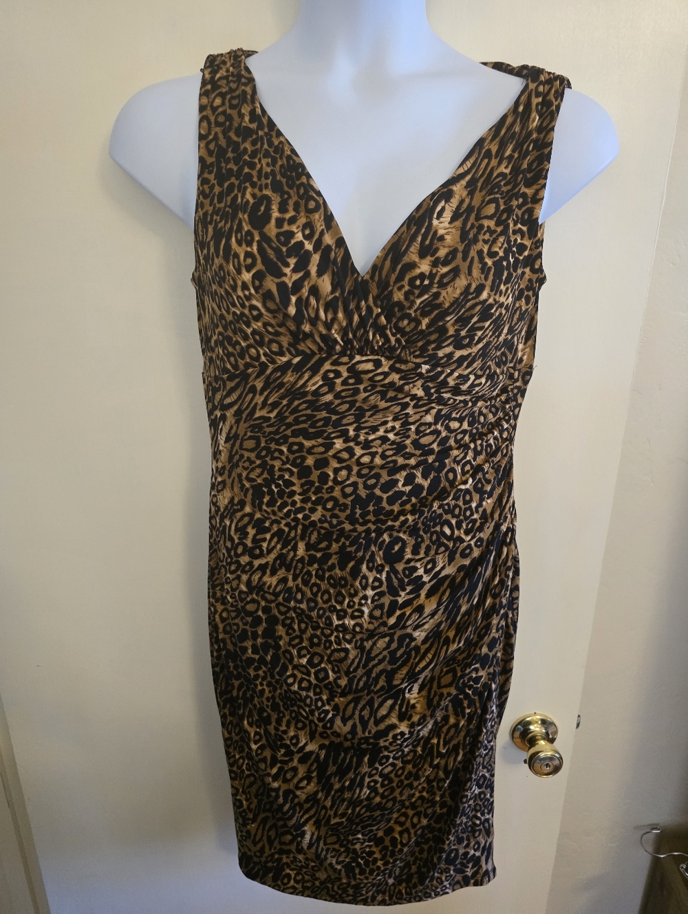 Ralph Lauren Leopard Print V-Neck Sleeveless Midi Dress - Brown/Black Sz 12 - Picture 4 of 9